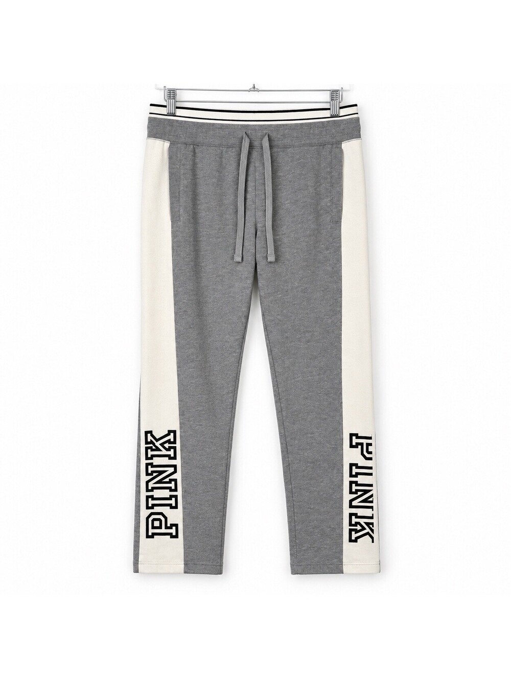 PINK Victoria’s Secret Sweatpants Womens S Gray Cream Logo Straight Leg Pants